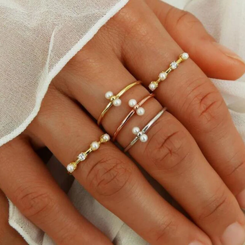 Кольца женские Doocna, 5 шт./компл., разноцветные металлические кольца с белым жемчугом, 9047