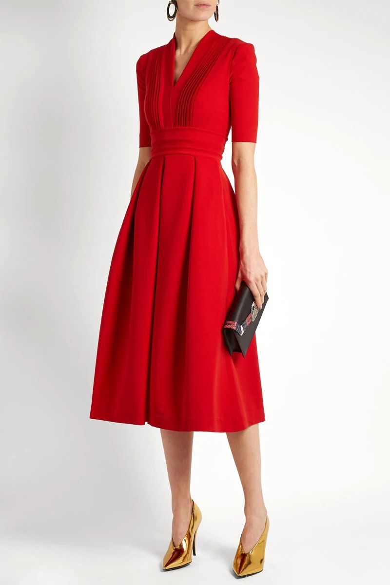 

Vintage Red V-neck Short Sleeve Midi Party Dress Women 2021 Summer Elegant Draped Mi-calf Runway Designers Dress Vestidos