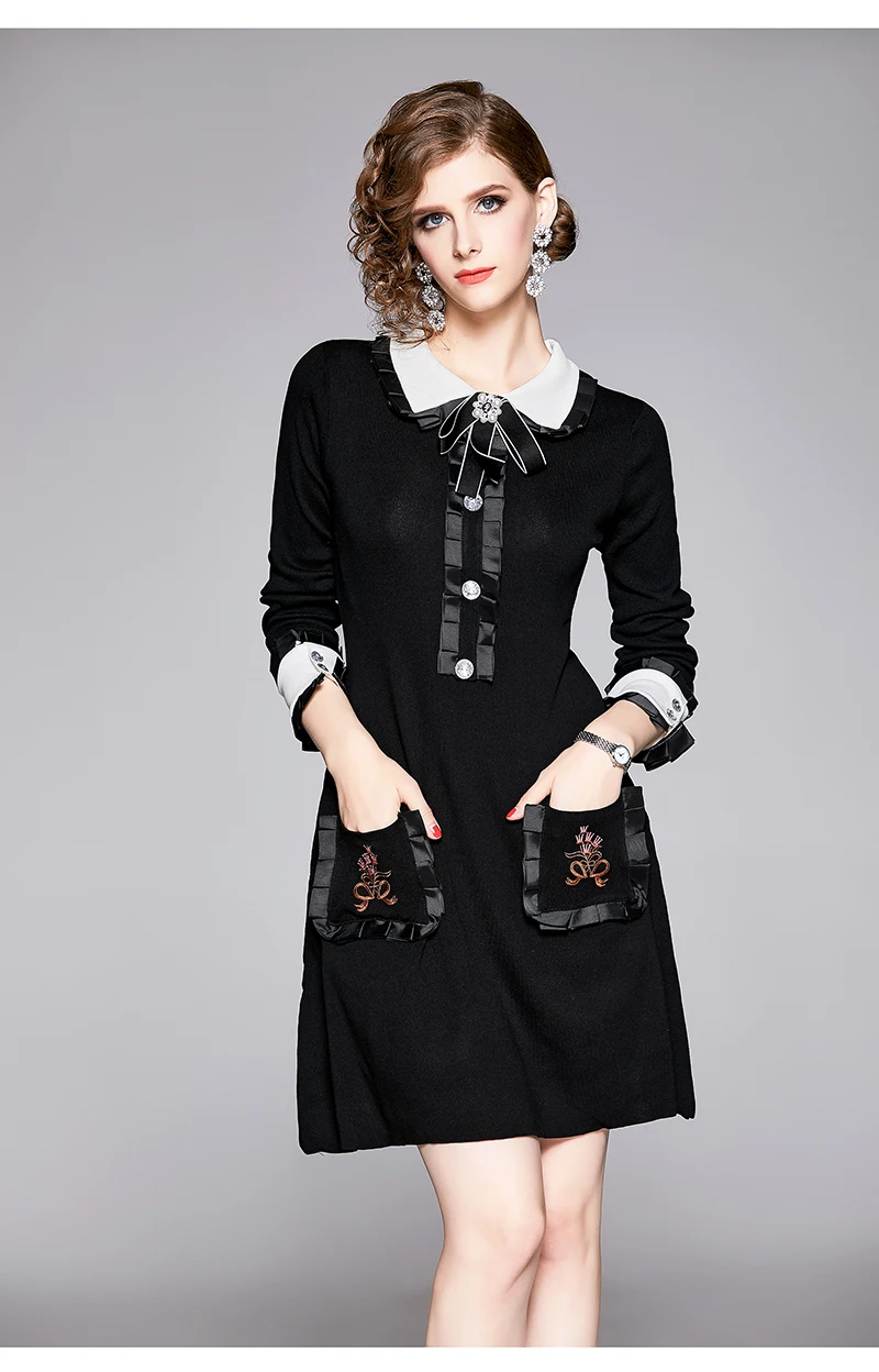Trytree Autumn Winter Women Dress Casual Peter pan Collar Bow Embroidery Pocket Shirt Dresses Knitting Black Straight Mini Dress