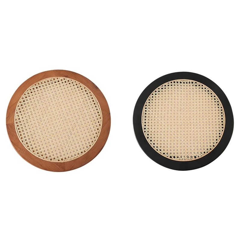 

2 Pcs Rattan Handwoven Round High Wall Severing Tray Food Storage Platters Plate for Breakfast Drink Snack Teak & Black