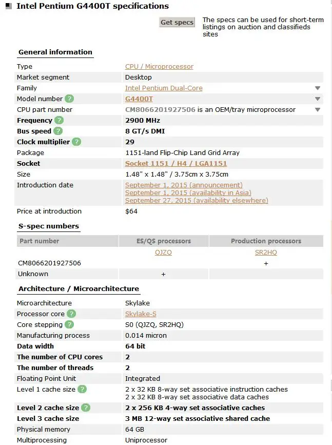 Процессор Intel Pentium G4400T SR2HQ двухъядерный процессор 2 9 ГГц 35 Вт LGA 1151