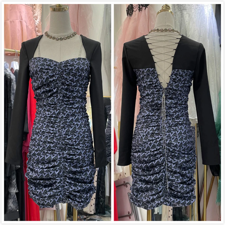 

Free Shipping Draped Printed Dress 2021 Autumn New Women V-neck Strap Diamond Bodycon Halter Dress Celebrity Club Party Vestidos