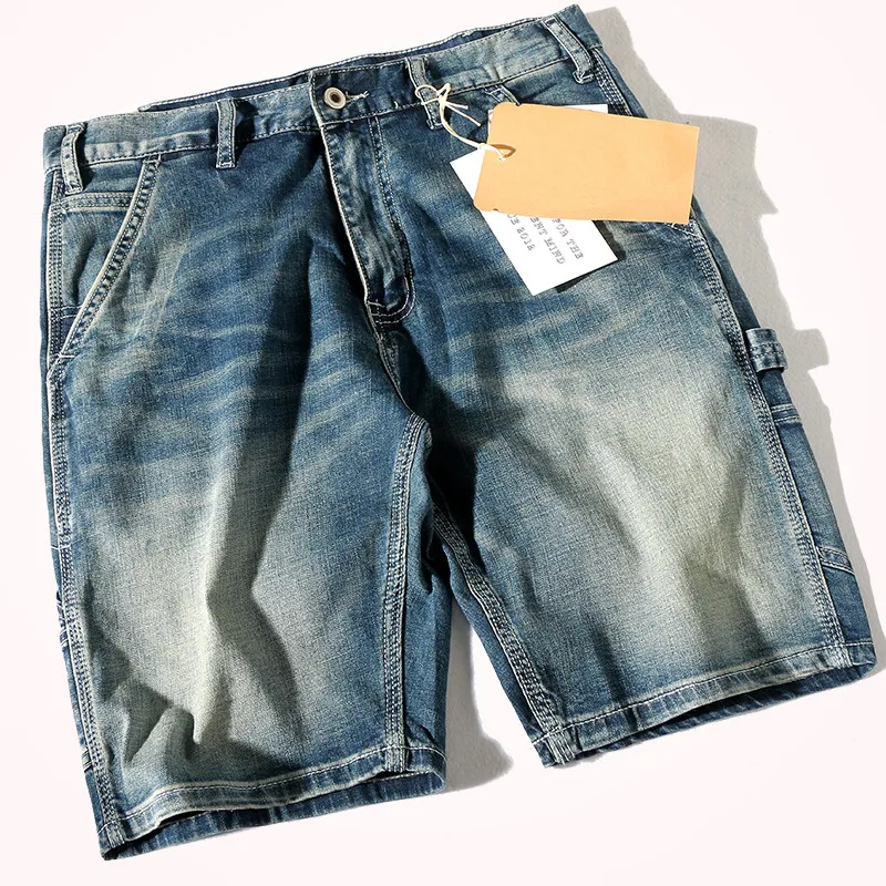 

2021 Summer New American Retro Denim Tooling Shorts Men's Fashion Light Blue Moustache Effect Washed Old Casual Five Point Pants