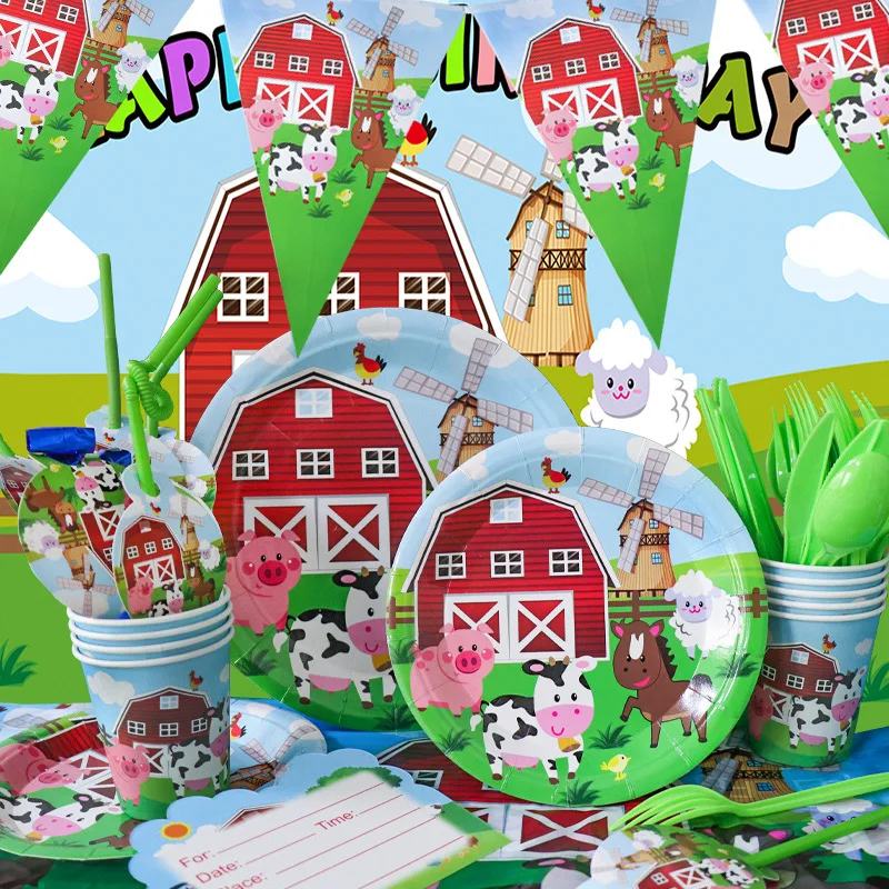 

Farm Animals Theme Party Supplies Paper Plate Cup Napkin Invitation Ceiling Straws Bags Topper Banner Balloon Party Decoration