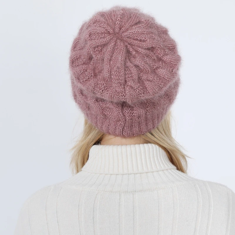 Женская Зимняя Вязаная Шапка бини однотонная плотная плюшевая мешковатая с