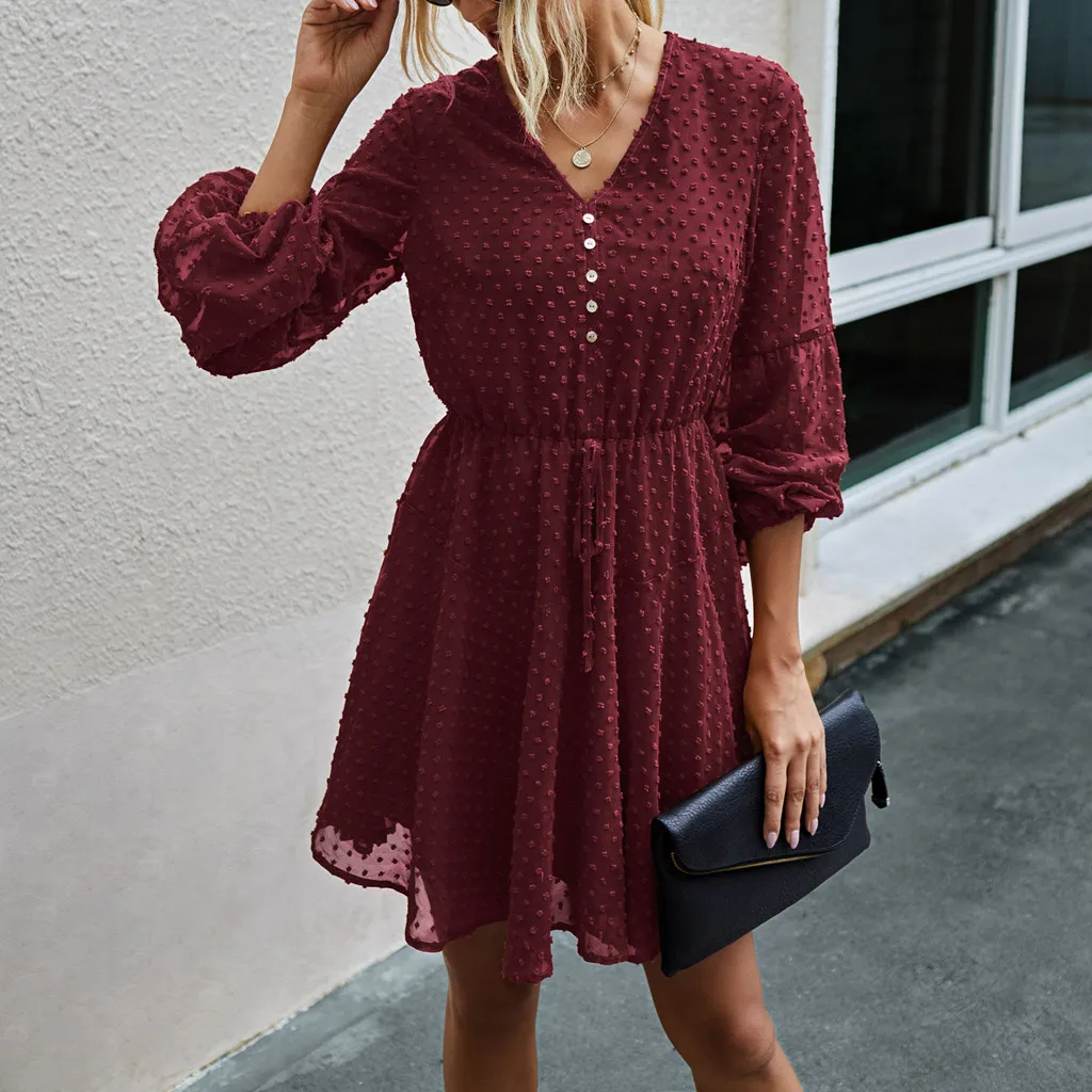 Женское платье с цветочным принтом красное однотонное V-образным вырезом длинным