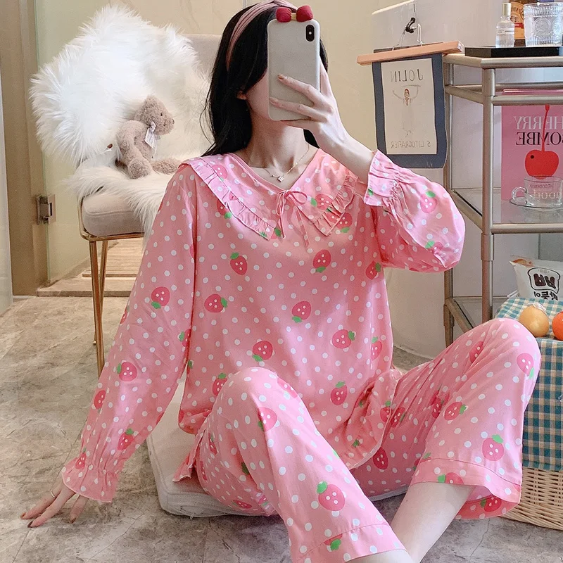 Poplin Pajamas Female Spring and Autumn Long Sleeve Sweet Artificial Cotton Clothing Japanese Style Plaid May Outerwear Bourette