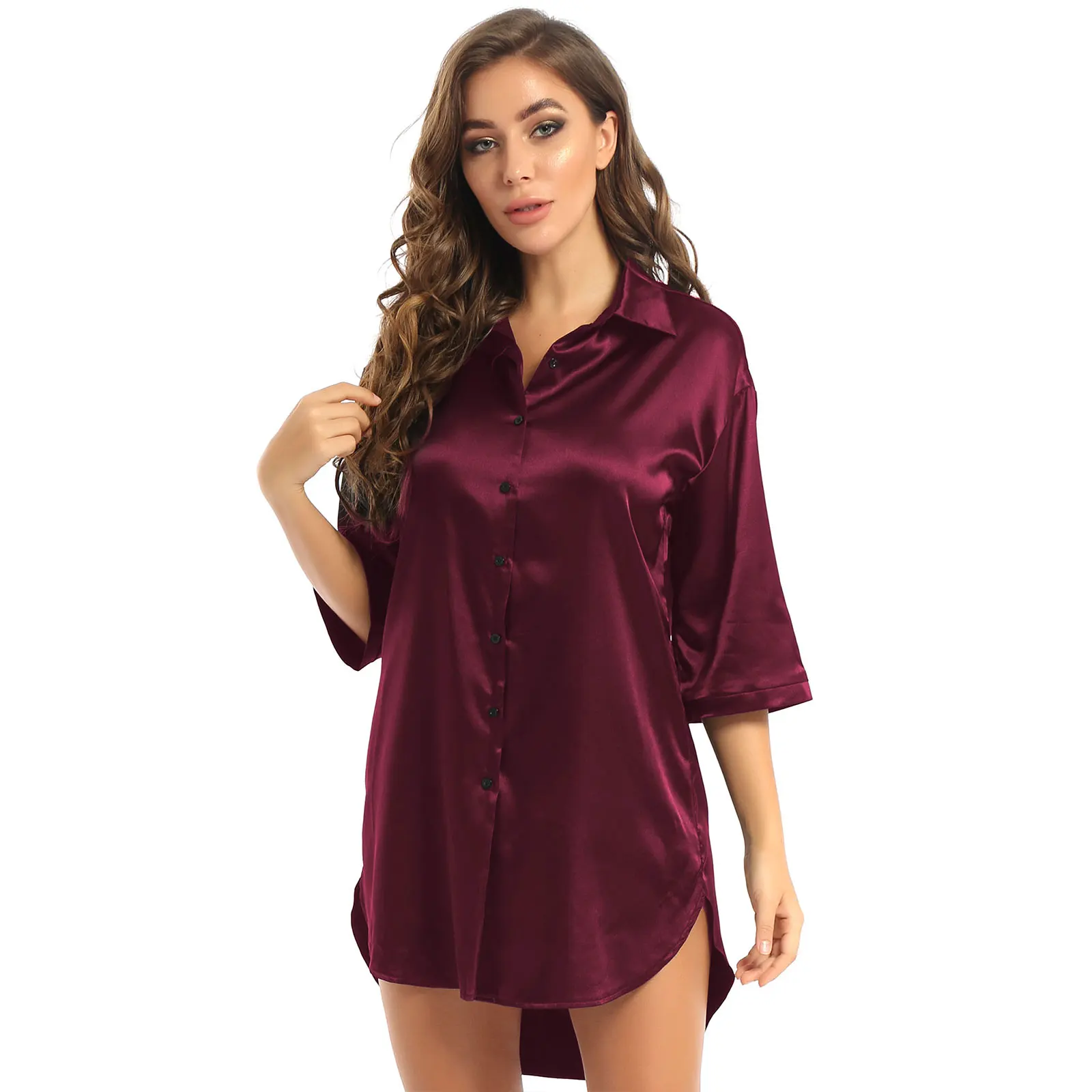 New Women Satin T-Shirts Pajamas 3/4 Sleeve Turn-Down Collar Button Nightshirt Solid Color Nightdress Sleepwear Casual Home Wear