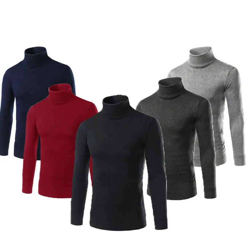 Мужской теплый вязаный свитер с высоким воротником осенне-зимний облегающий и