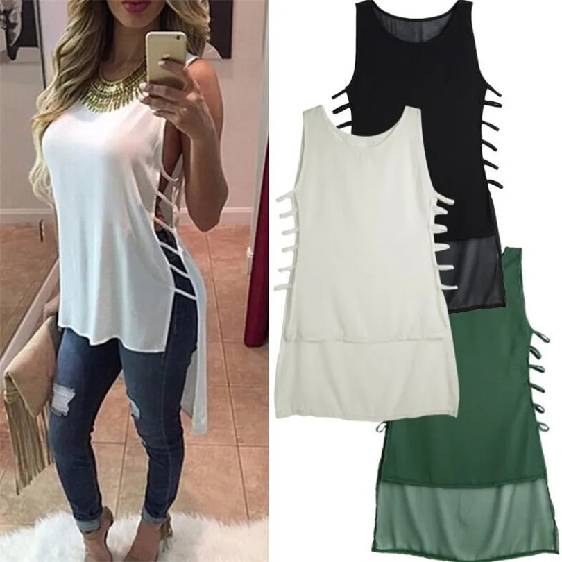 Модная летняя Женская Макси-рубашка Повседневная блуза на бретелях без рукавов с