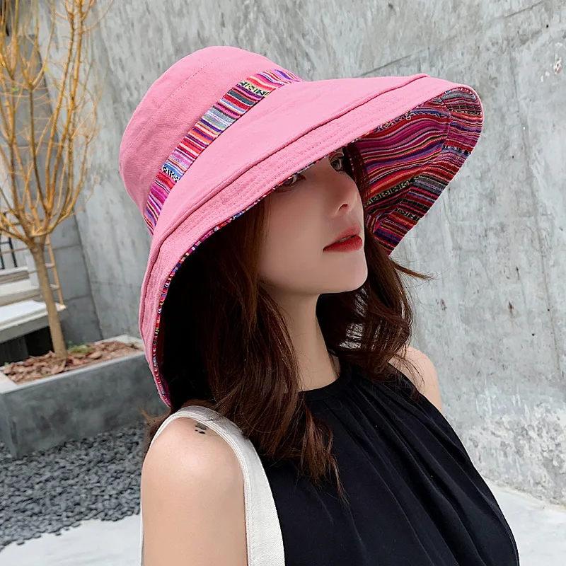Cotton Bucket Hat ladies Sun Big Eaves Cover Face Fisherman Wild National Style Foldable Double-sided Sunscreen | Аксессуары для