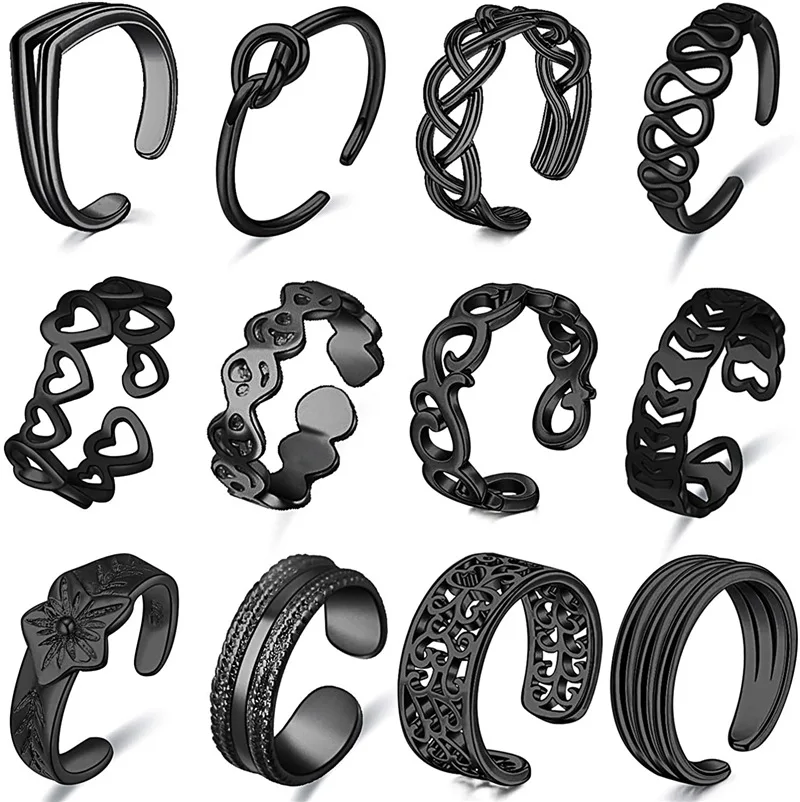 

Регулируемое ювелирное изделие для тела, Открытое кольцо с черным покрытием из настоящего золота, Женское кольцо 12 шт./компл.