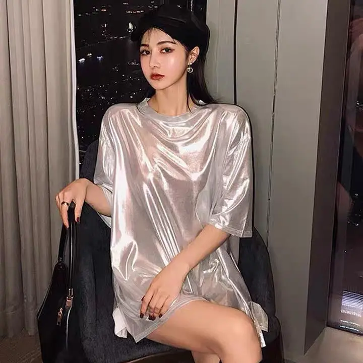 

2021 Spring New Glittering T-shirt Trendy Brand Mid-length Loose Women Student Hip-hop Short-sleeved O-neck Casual Tops Tees