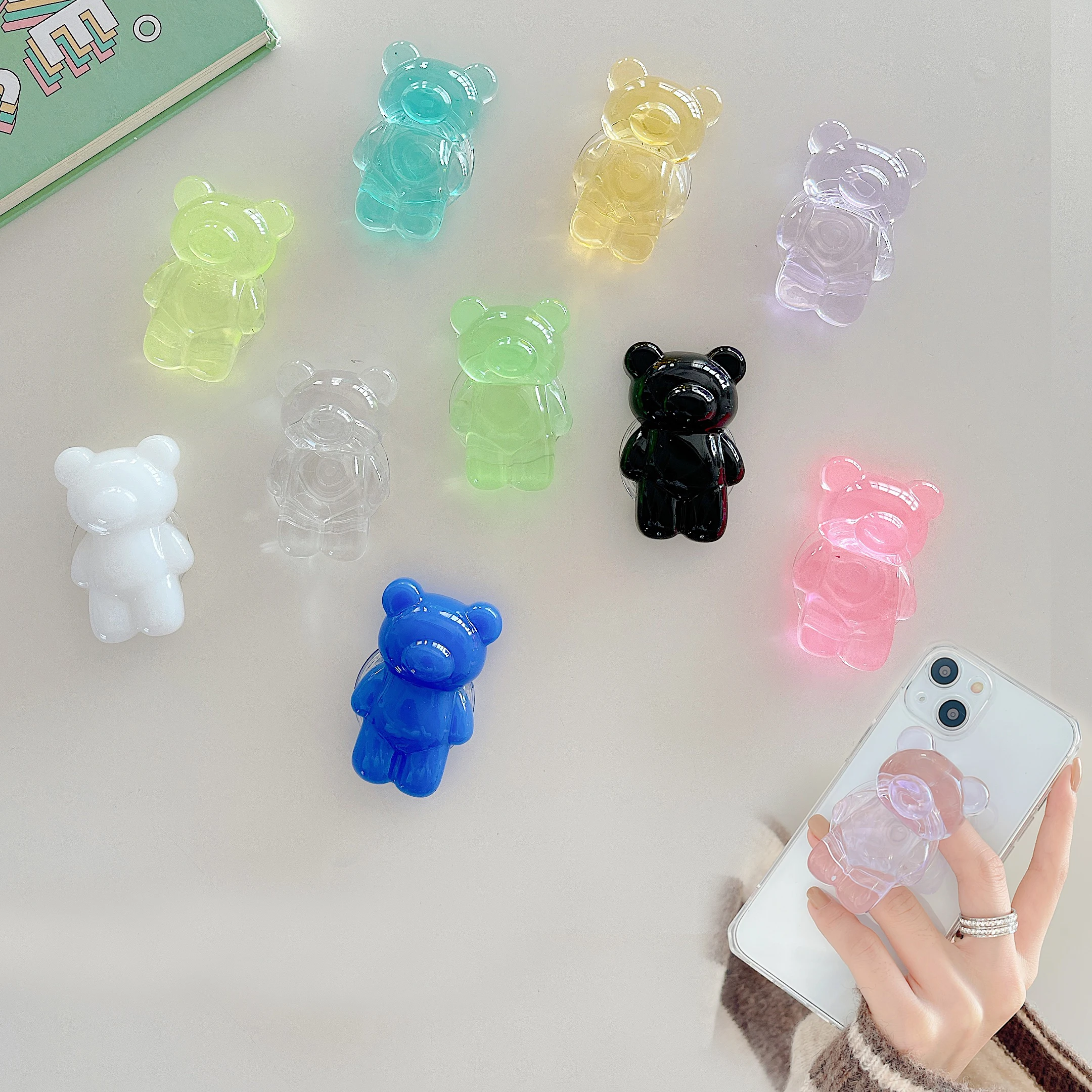3d cartoon laser bear ring holder stand transparent accessories for iphone samsung vivo oppo xiaomi redmi huawei phone case cove free global shipping