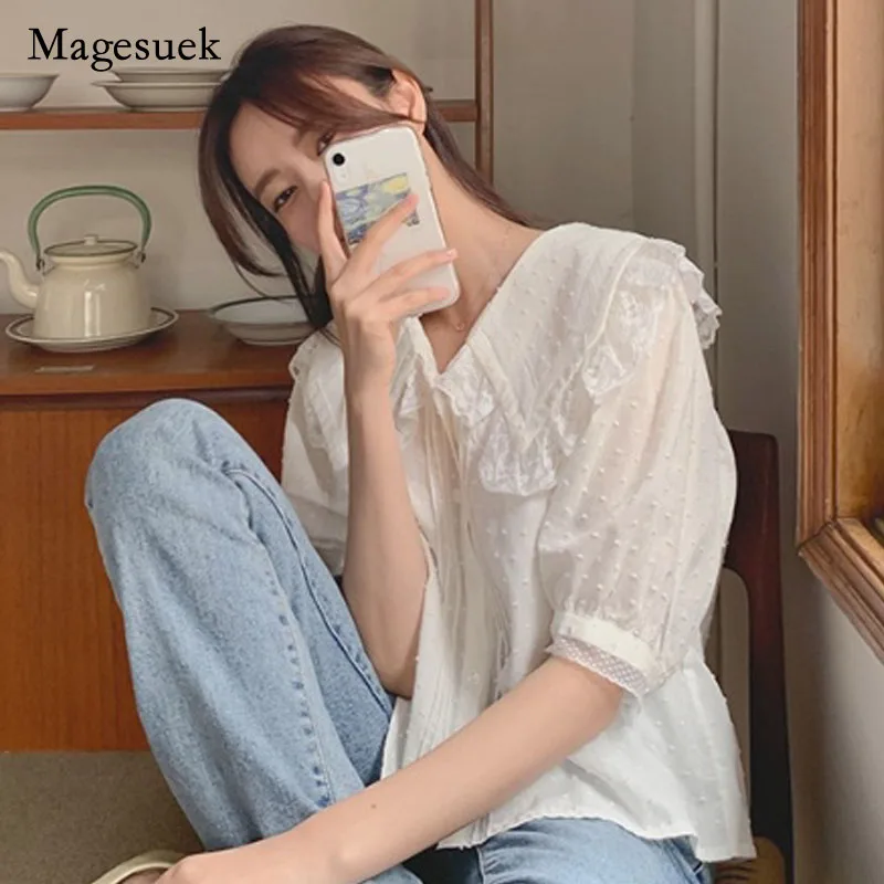 

Женская шикарная короткая рубашка, летняя рубашка с кружевным отложным воротником, женская блузка с короткими рукавами-пузырями и кружевом...