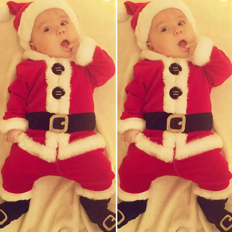 Christmas Baby Boy Girl Clothes Sets 4pcs Santa Claus Tops+Pants+Hat+Shoes Xmas Outfit | Детская одежда и обувь