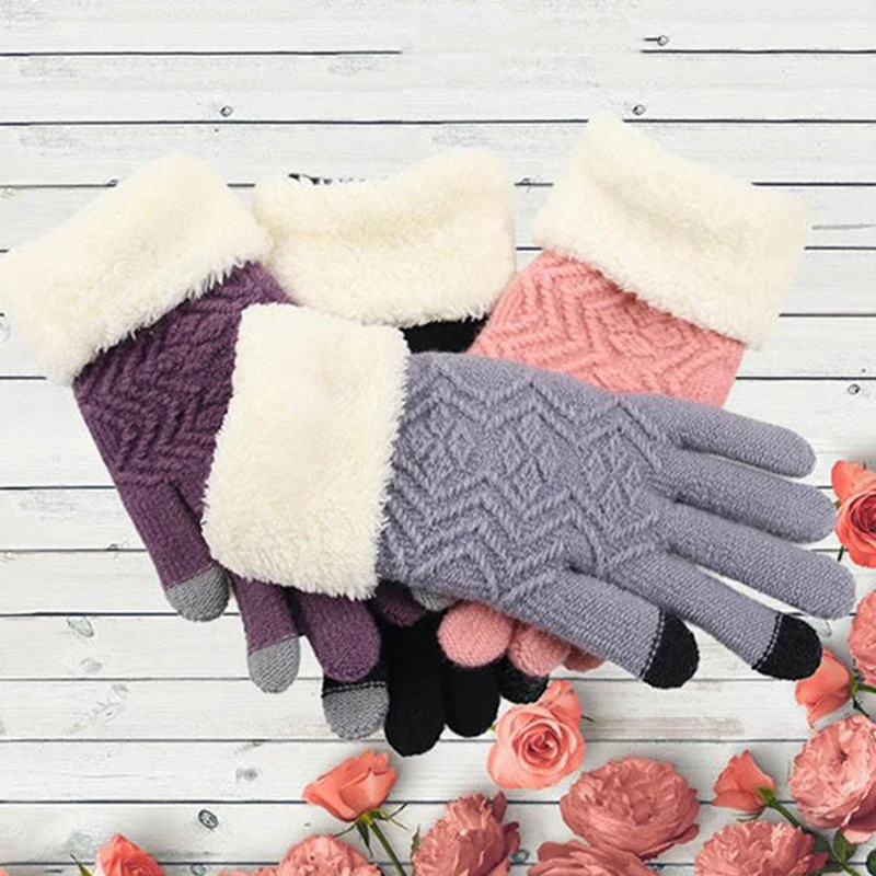 

Thick Acrylic Two Layer Winter Gloves for Women Knitted Pattern Full Finger Skiing & Touch Screen Glove Cmfortable