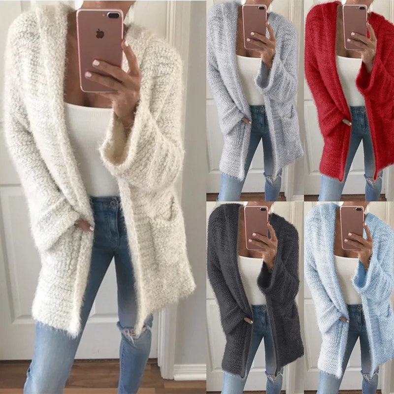Женский длинный кардиган с капюшоном повседневный Свободный теплый вязаный