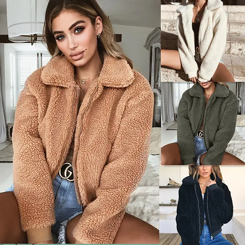 

New autumn and winter women´s warm fashion cashmere jacket teddy bear pocket lamb hair zipper jacket cardigan