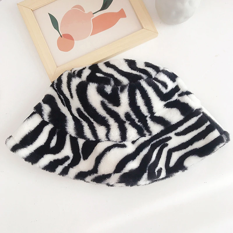 

New Women Fishman Hat Multicolor Letter Bucket Hats Winter Soft Warm Leopard Zebra Pattern Female Cap