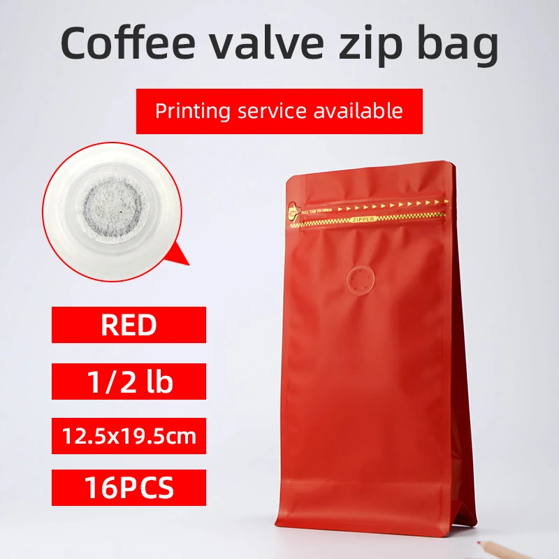

16pcs 1/2 pound 250g matte red coffee bean one side degassing valve packaging bag aluminum block bottom coffee pouch