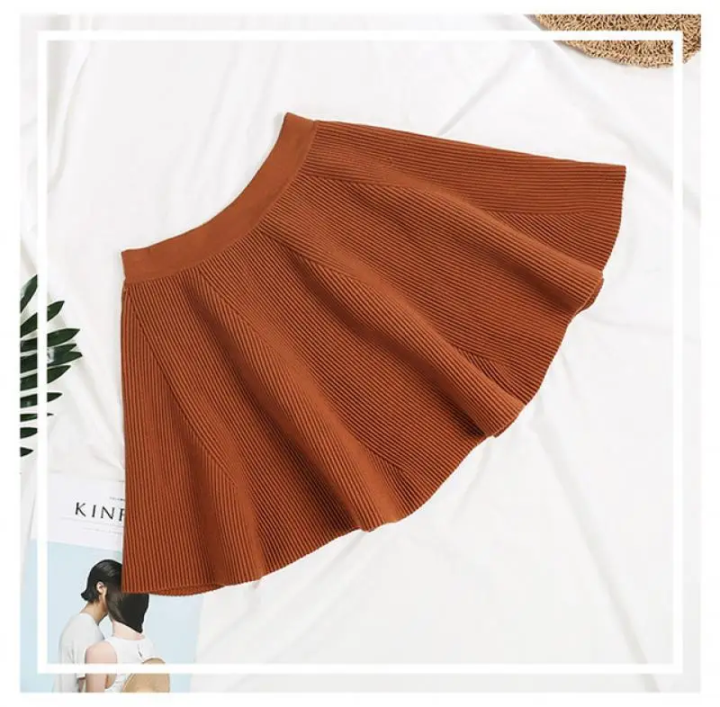 

New Autumn Winter Women Knitted Skirt Sexy Solid Elastic High Waist Short Skirts Umbrella Pleated Skirt Female Mini Skirt