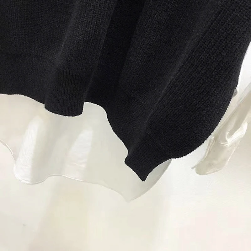 

2021 Autumn Women Casual Sweater Shirt V-Neck Stitching Fake Two Piece Long Sleeve Ladies Loose Knitwear Pullover Tops