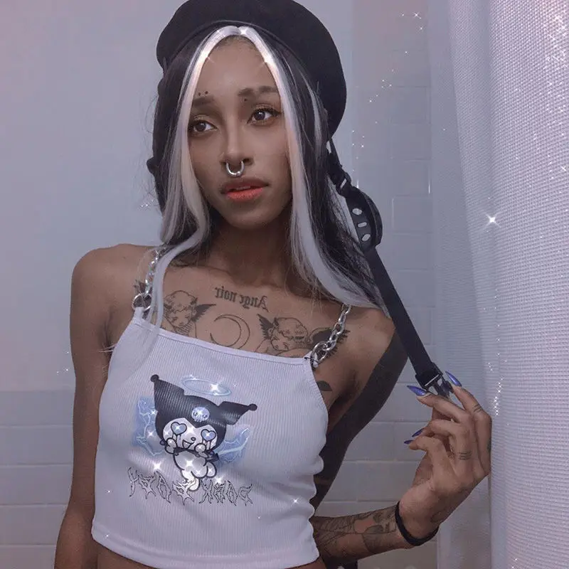 

Summer niche design sense exposed clavicle hot girl chain Cartoon print T-shirt women tight-fitting outer jacket camisole female