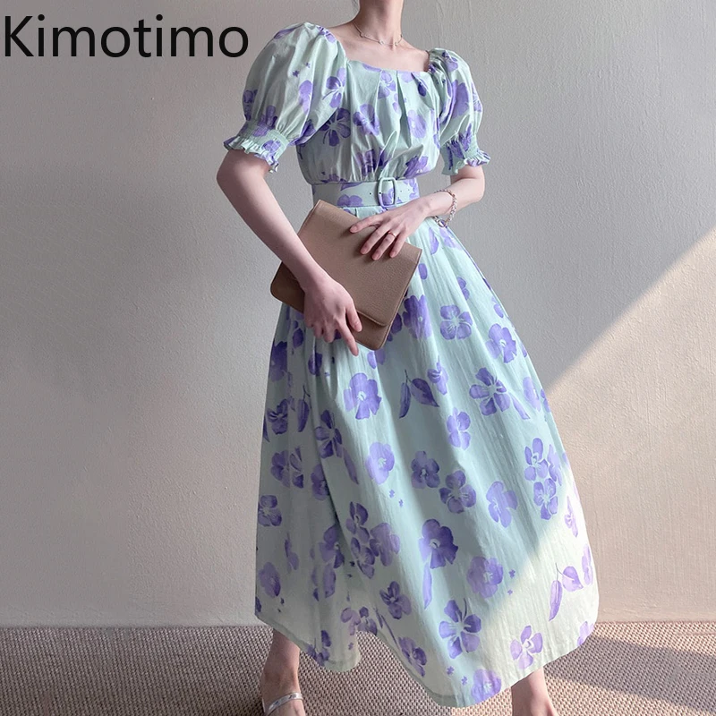 

Kimotimo Elegant Off-shoulder Floral Dress for Women Korean Fashion Slash Neck Summer Waist Puff Sleeve A Line Long Dresses