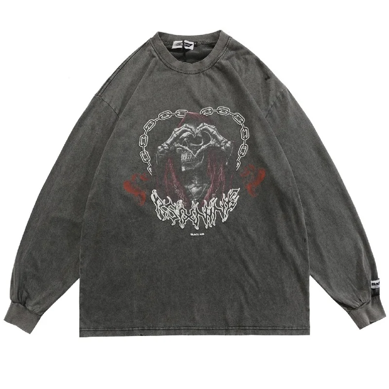 

Футболка мужская оверсайз в стиле хип-хоп, хлопковая Свободная рубашка с длинным рукавом, с принтом черепа и надписью Love, Топ в стиле Харадзю...