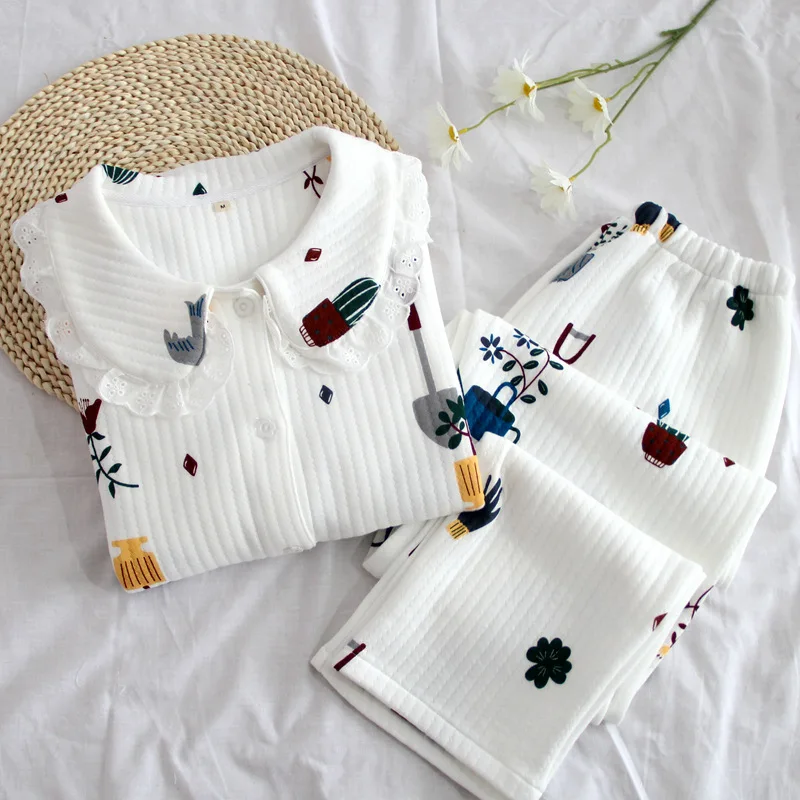 

Sweet Cute Printed Lounge Wear Women Thick 100% Cotton Pajamas Set Winter Warm Home Clothes Female Long Sleeve Seepwear Homewear