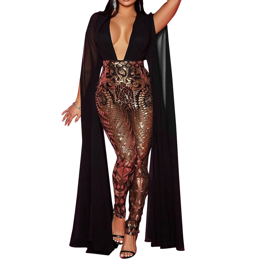 Женский вечерний комбинезон знаменитости блестящий сетчатый с глубоким v