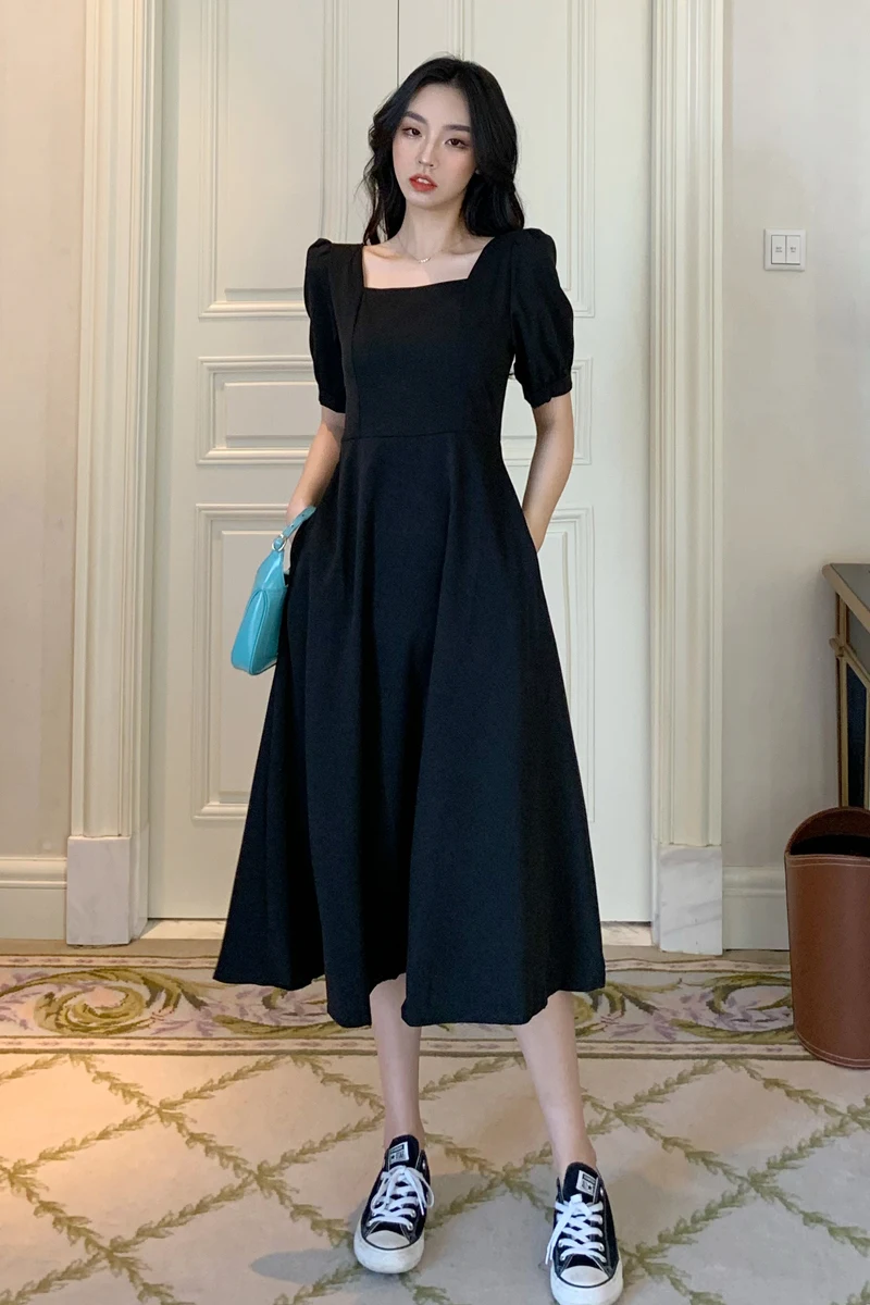 

COIGARSAM French Style Women Long dress Vintage Puff Sleeve Square Collar High Waist Dresses Black White 36860