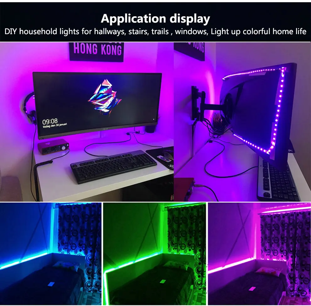 USB Светодиодная лента 5050 RGB сменная цветная гибкая светодиодная лента для самостоятельной сборки Водонепроницаемая не Водонепроницаемая 0,5 м 1 м 2 м с USB контроллером