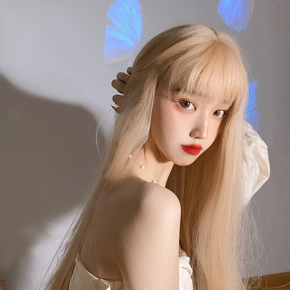 Парик хуайи блонд с челкой длинные прямые синтетические волосы на заказ вечерние