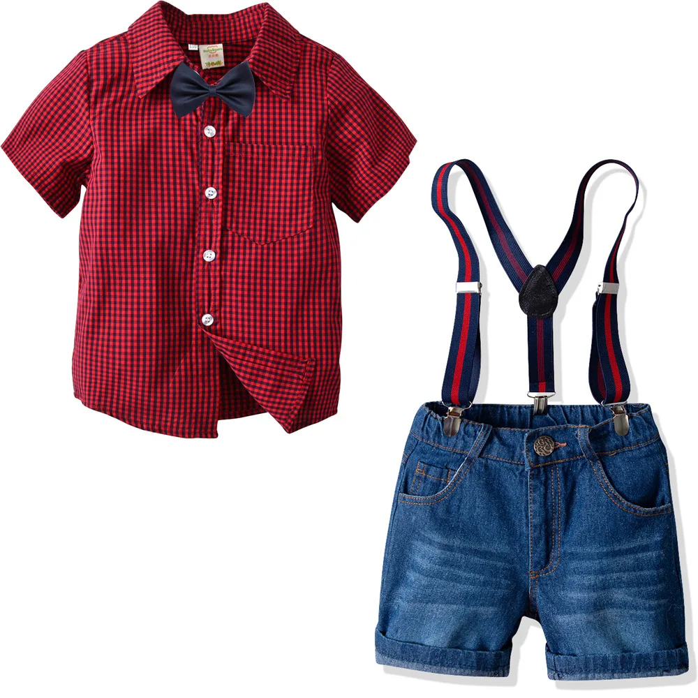 2019 Cotton Plaid Shirt+Short Jeans Baby Boy Clothing Sets Gentleman Clothes Outfits Bebes Suits 2 to 8 Years Old PCS Set |