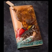 Handmade Genuine Leather Wallets Carving Animal Purses Men Long Clutch Vegetable Tanned Leather Wallet Card Holder