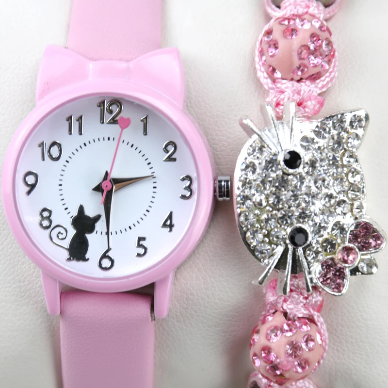 

Fashion Women Watch Bracelet Set Children Watches Leather Strap Cat Ladies Watch Gifts Student watches Cute Cartoon Clock