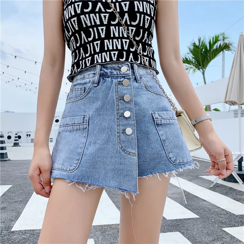 Летние корейские шорты с высокой талией юбки однобортные джинсовые большие