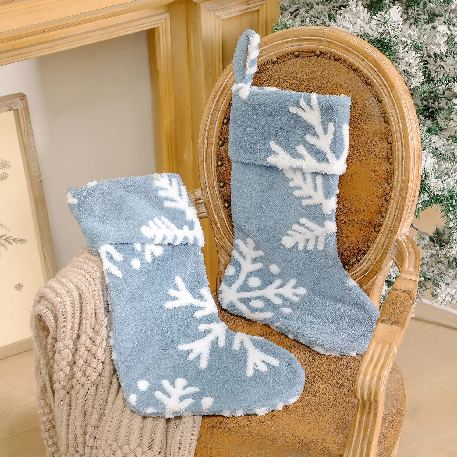 Плюшевый жаккардовый мешок для рождественских чулок в виде снежинок или синих