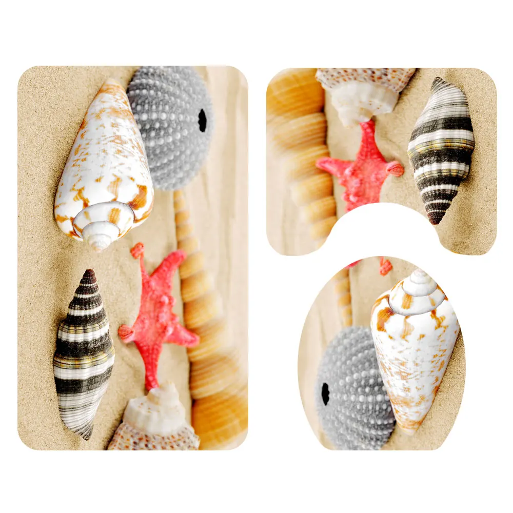 4 Pcs Beach Shell 3d Shower Curtain Pedestal Rug Lid Toilet Cover Mat Bath Carpet Set Bathroom Curtains with 12 Hooks Home Decor