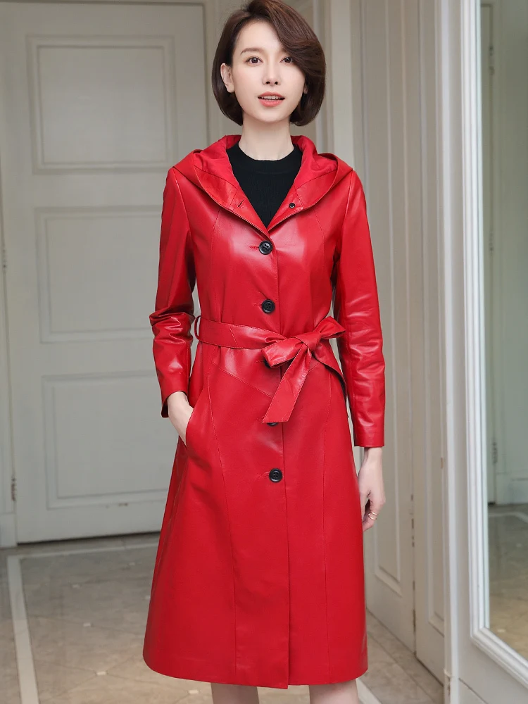

100% Real Sheepskin Coat Female Genuine Leather Jacket Long Trench Coats and Jackets Women Hooded Korean Outwear MY3709