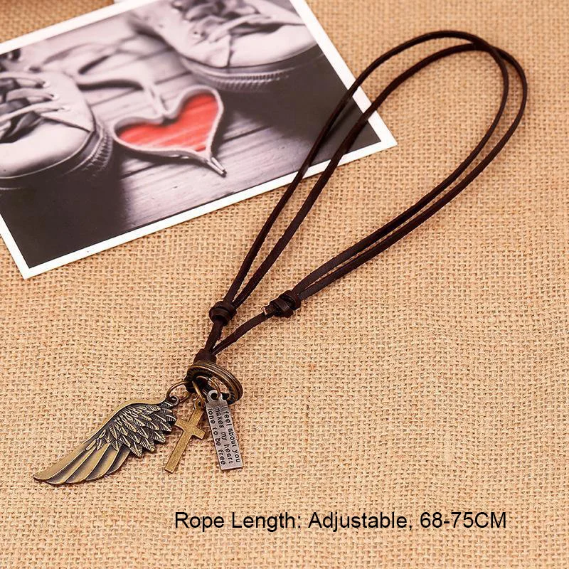 Ожерелье из натуральной кожи для мужчин Винтажное колье с ангельскими крыльями