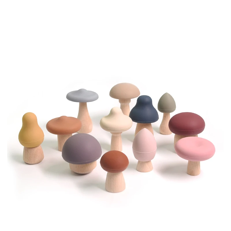 

12PCS Baby Silicone Teether Mushroom Building Blocks Montessory Toy BPA Free Wood Intellectual Educational Toy Food Grade