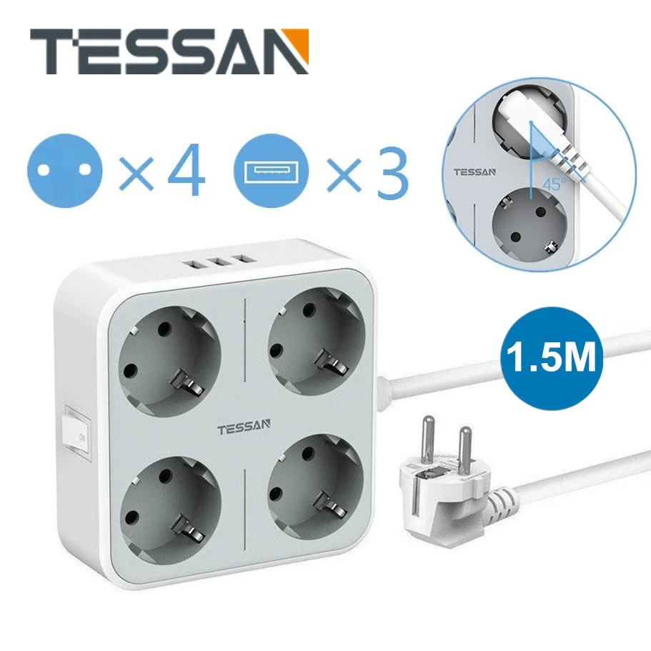 

TESSAN Wall Mountable 1.5M/5ft Extension Wire Power Strip with Switch 3 USB Ports LED Light 4 Outlets of EU Multi Outlets Socket