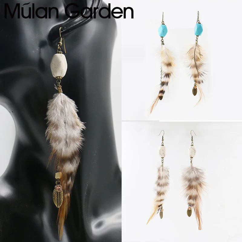 Женские серьги с перьями Boho Nature серьги-подвески зеленым камнем и золотым листом