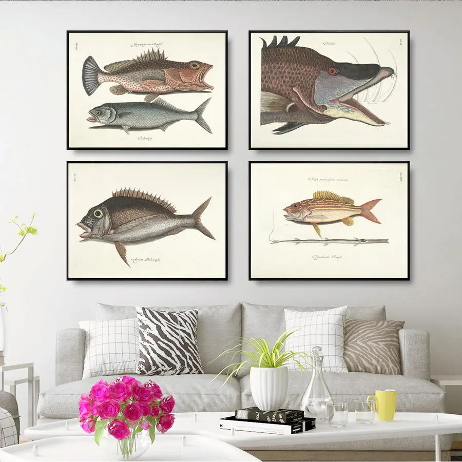 Decorative Painting Retro Fish Restaurant Hotel Paintings Animal Print Wall Pictures for Living Room Flatfish Art Canvas |