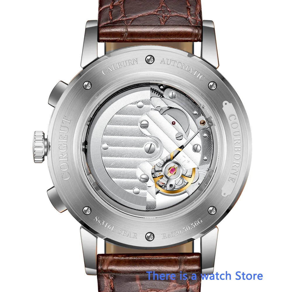 

Corgeut 42mm White Dial Moon Phase Mechanical Watch Leather Strap Year Day Month Week Wristwatches Automatic Mens Watch