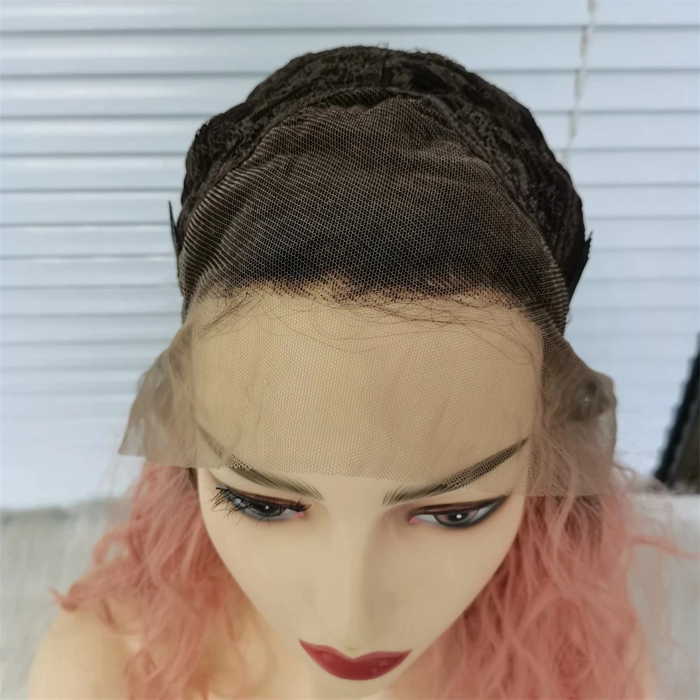 

Short Bob Water Wave Synthetic Lace Frontal Wig With Bangs Ombre Pink Colored High Temperature Fiber Hair Daily Use For Women