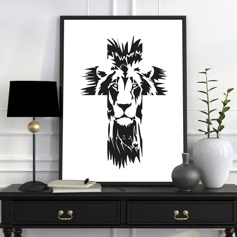 

Wall Art Canvas Painting Lion of Judah Cross Prints Christian Black White Picture Jesus Scripture Posters for Home Decoration
